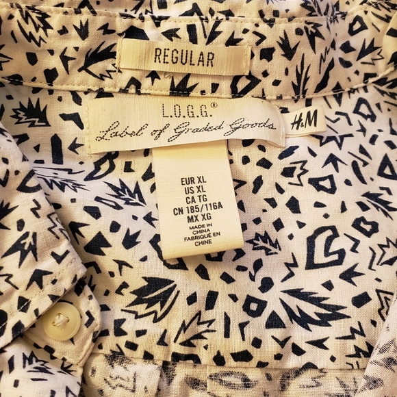 H&M Long Sleeve Button Down Retro Geometric Pattern Navy Blue White Shirt XL - Picture 2 of 3